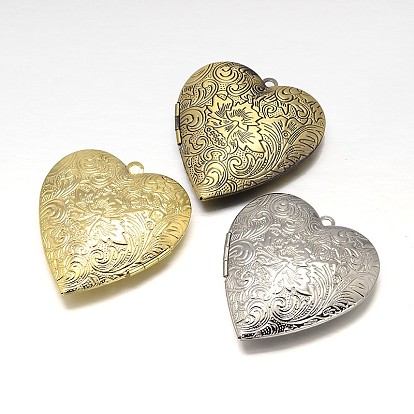 Carved Heart Rack Plating Brass Photo Locket Pendants, Lead Free, 42x40x10mm, Hole: 2mm, Inner: 31x30mm