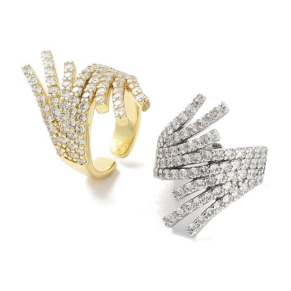 Rack Plating Brass Micro Pave Cubic Zirconia Cuff Rings, Long-Lasting Plated for Women, Lead Free & Cadmium Free
