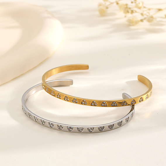 304 Stainless Steel Pave Heart Clear Cubic Zirconia Open Cuff Bangles for Women