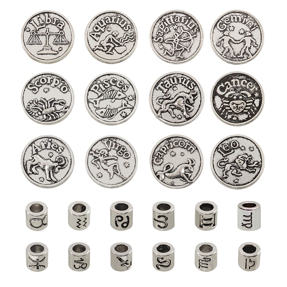Twelve Constellations Alloy Beads, European Beads & Slide Charms, Column & Flat Round