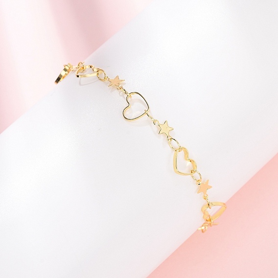 Браслеты из латунной цепочки для женщин, Сердце и звезда, долговечный, стойки покрытие, без кадмия и без свинца