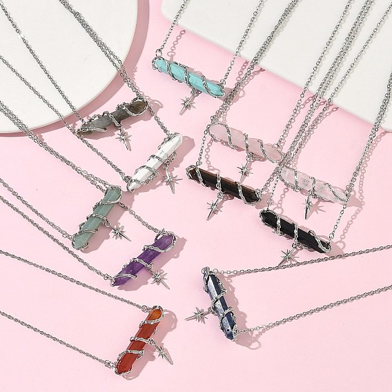 Ожерелье из латунных цепочек с подвеской в виде звезды, украшенное ограненными драгоценными камнями в форме заостренной пули, обернутой проволокой., стойки покрытие, платина