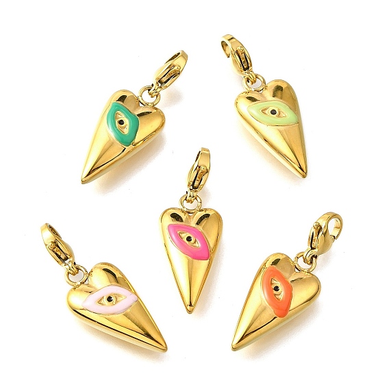 304 подвесные украшения из эмали из нержавеющей стали, с застежкой омар коготь, ионное покрытие (ip), реальный 14 k позолоченный, сердце с очарованием глаз