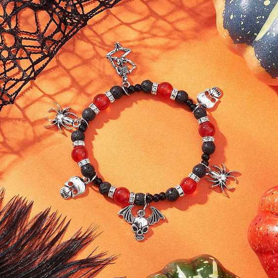 Браслеты с подвесками из сплава на Хэллоуин, браслеты из натуральных круглых бусин сердолика и лавы для мужчин и женщин, череп и паук