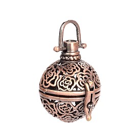 Hollow Brass Round with Rose Cage Pendants, For Chime Ball Pendant Necklaces Making, Cadmium Free & Nickel Free & Lead Free, 27x21mm, Hole: 6x6mm