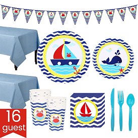 Paper & Plastic Disposable Tableware Sets for 16 Guests, Including Banner, Plate, Teacup, Tissue, Knives, Forks, Spoons, Tablecovers, Summer Ocean Theme Party Supplies
