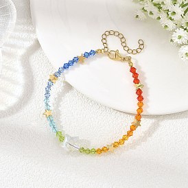 AB Color Glass Star and K9 Glass Faceted Bicone Beaded Bracelets for Women, with Brass Beads, Golden