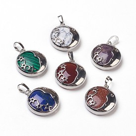 Gemstone Pendants, with Brass Findings, Flat Round with Star, Platinum