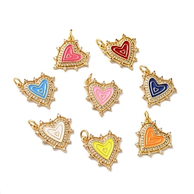 Rack Plating Brass Micro Pave Clear Cubic Zirconia Charms, with Jump Ring and Enamel, Lead Free & Cadmium Free, Heart Charm, Real 18K Gold Plated
