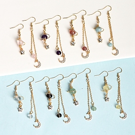 Natural Gemstone Dangle Earrings, Alloy Rhinestone Star & Moon & Planet Asymmetrical Earrings for Women
