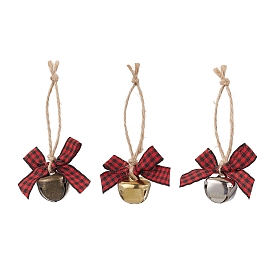 3Pcs 3 Colors Iron Bell Pendant Decoration, Polyester Tartan Pattern Bowknot and Jute Cord for Home Door Hanging Ornaments