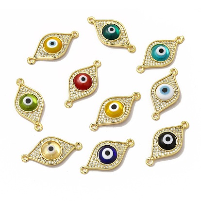 Rack Plating Real 18K Gold Plated Brass Micro Pave Clear Cubic Zirconia Connector Charms, Evil Eye Links with Handmade Lampwork, Cadmium Free & Lead Free, Long-Lasting