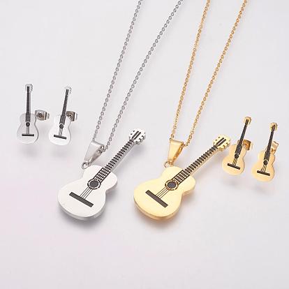 304 Stainless Steel Enamel Jewelry Sets, Pendant Necklaces and Stud Earrings, Guitar