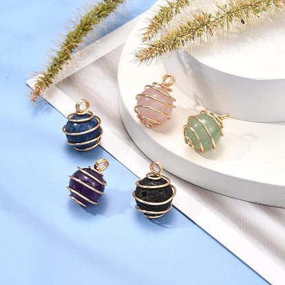 Natural Mixed Gemstone Pendants, with Real 18K Gold Plated Eco-Friendly Copper Wire, Round