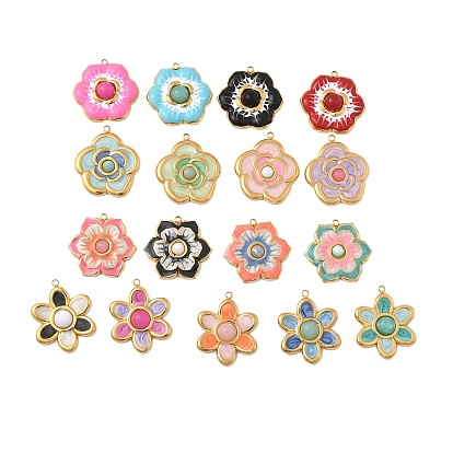 Крашеные натуральный белый нефрит подвески, подвески-цветы из эмали из нержавеющей стали, реальный 18 k позолоченный