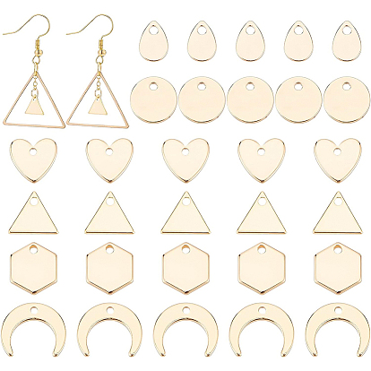 60Pcs 6 Style Brass Charms, Nickel Free, Long-Lasting Plated, Flat Round & Heart & Triangle & Teardrop & Hexagon & Crescent Mooon