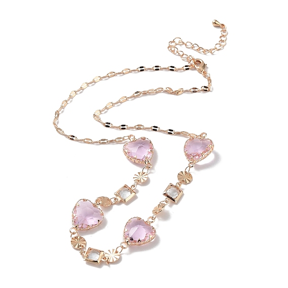 Glass Heart & Square Pendant Necklace with Brass Dapped Chains