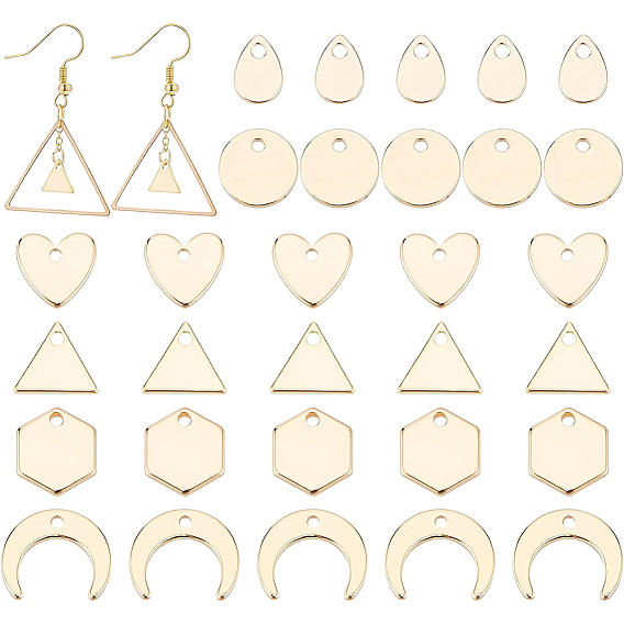 60Stk. Messing-Charms im 6-Stil, Nickel frei, langlebig überzogen, flach rund & Herz & Dreieck & Träne & Sechseck & Halbmond