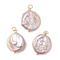 Natural Baroque Pearl Keshi Pearl Pendants, Flat Round Charms with Brass Loops and 304 Stainless Steel Open Jump Rings, Thistle