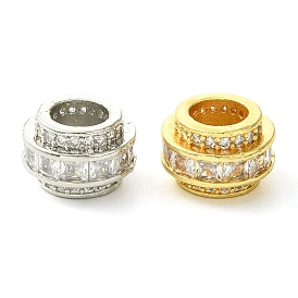 Rack Plating Brass Micro Pave Clear Cubic Zirconia European Beads, Long-Lasting Plated, Lead Free & Cadmium Free, Column