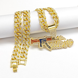 Подвеска в стиле хип-хоп из цинкового сплава, полностью покрытая кристаллами и стразами, эмаль, в форме пистолета, кубинская цепочка для мужчин.