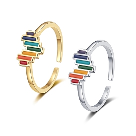 Brass Cuff Rings for Women, Rainbow Color Heart Enamel Open Rings