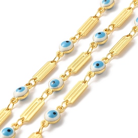Handmade Enamel Evil Eye Beaded Chains, Real 18K Gold Plated Brass Rectangle Link Chains, Soldered, with Spool, Cadmium Free & Lead Free