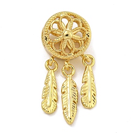 Rack Plating Brass Dangle Charms, Long-Lasting Plated, Cadmium Free & Lead Free, Round with Feather