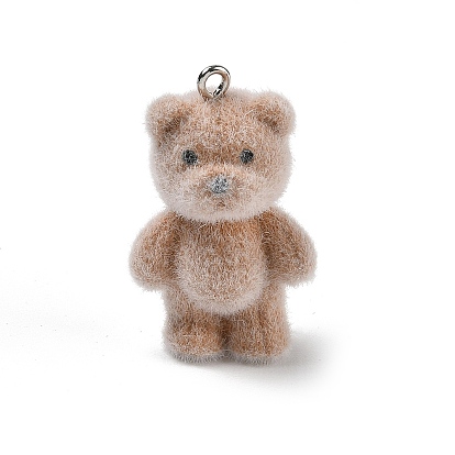 Flocking Opaque Resin Pendants, Bear Charms, with Platinum Iron Eye Pin