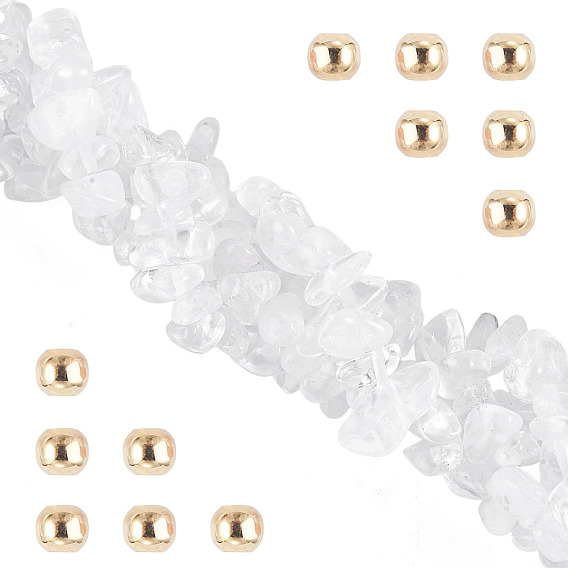 1 Strand Natural Quartz Crystal Chip Beads Strands, Rock Crystal Beads, with 50Pcs Golden Tone Brass Spacer Round Beads