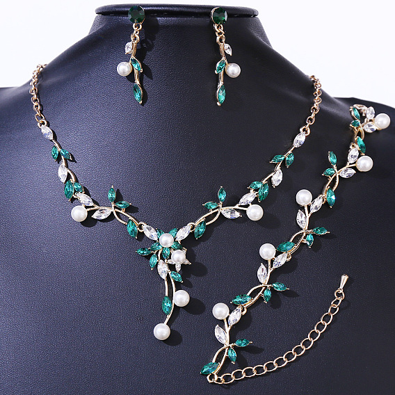 Комплекты из ожерелий с подвесками из сплава листьев, страз и пластикового жемчуга и серег-гвоздиков