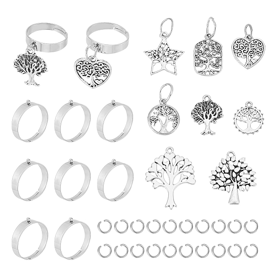 Набор для самостоятельного изготовления регулируемых колец с подвесками, включая подвески из сплава дерева, звезды и прямоугольника, компоненты кольца для пальцев из нержавеющей стали и кольца для прыжков