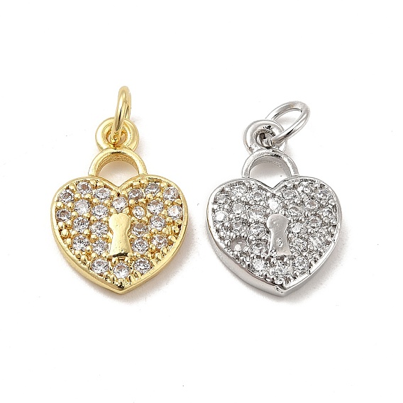 Brass Micro Pave Clear Cubic Zirconia Pendants, with Jump Ring, Heart Lock Charm