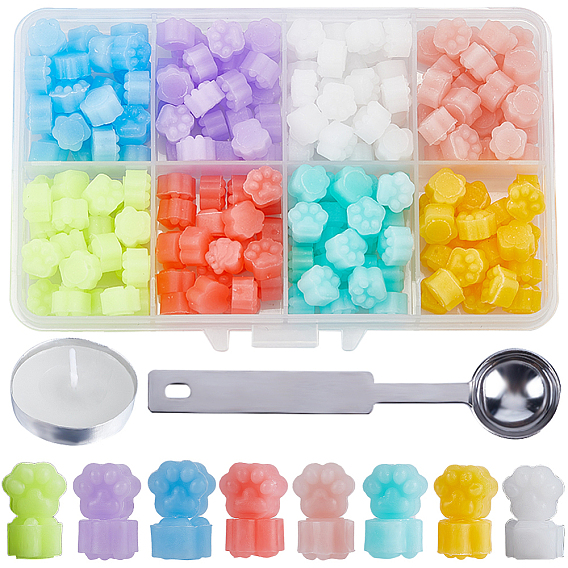 192шт 8 цвета отпечаток лапы частицы сургуча, с ложкой из нержавеющей стали 1 шт. и свечами 2 шт., Наборы инструментов для сургучовых штампов для пожарной сургучной печати, для ретро печать печать