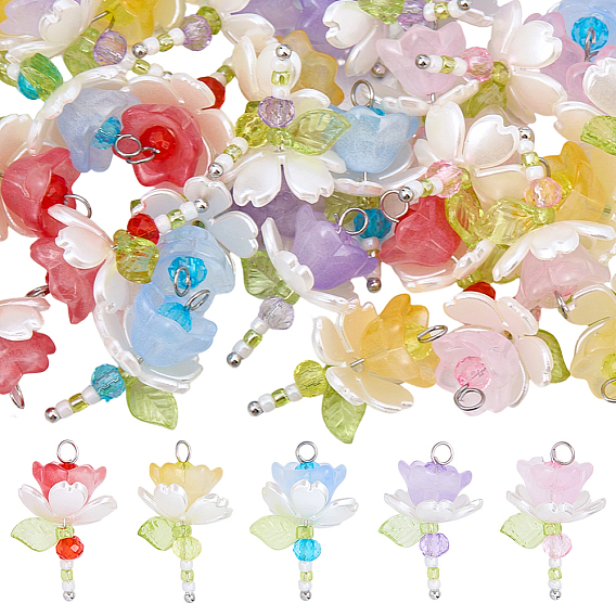 40 piezas 5 colores colgantes de imitación de perlas de plástico acrílico y ABS, flor, con lazo de latón platino