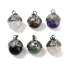 Natural Gemstone Sphere Pendants, Rack Plating Antique Silver Plated Brass Round Charms, Cadmium Free & Lead Free