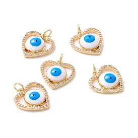 Brass Micro Pave Clear Cubic Zirconia Pendants, with Enamel and Jump Ring, Long-Lasting Plated, Lead Free & Cadmium Free & Nickel Free, Heart with Evil Eye