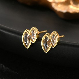 Двойные серьги-гвоздики из латуни с микропаве из прозрачного кубического циркония «конский глаз», без кадмия и без свинца, стойки покрытие, долговечный