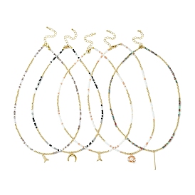Pendant Necklaces, with Brass Beads, Glass Beads and 304 Stainless Steel Lobster Claw Clasps, Mixed Shapes, Golden