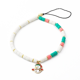 Handmade Polymer Clay Beaded Mobile Strap, for DIY Phone Case Decoration, with Brass Beads and Alloy Enamel Snowman Pendants, Braided Nylon Thread