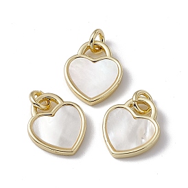 Natural White Shell Heart Charms, with Rack Plating Brass Findings, Cadmium Free & Lead Free