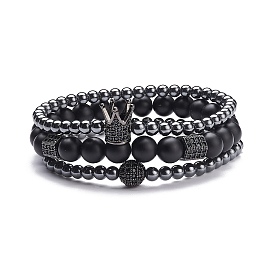3Pcs 3 Style Round Synthetic Black Stone & Hematite Beaded Stretch Bracelets Set, Gemstone Bracelets with Ball Crown Hexagon for Women