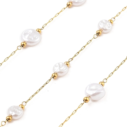 Ионное покрытие (ip) 304 цепи для канцелярских скрепок из нержавеющей стали, пайки, с abs имитационными жемчужными бусинами , плоско-круглые