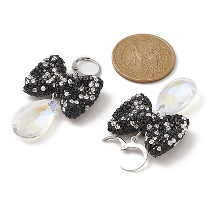 Rhinestone Bowknot with Glass Teardrop Dangle Leverback Earrings, 304 Stainless Steel Earrings