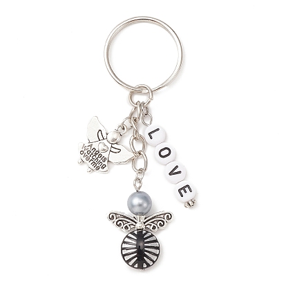 Tibetan Style Alloy & Acrylic Angel Pendant Keychain, with Acrylic Word Love Letter Beads and Iron Split Key Rings