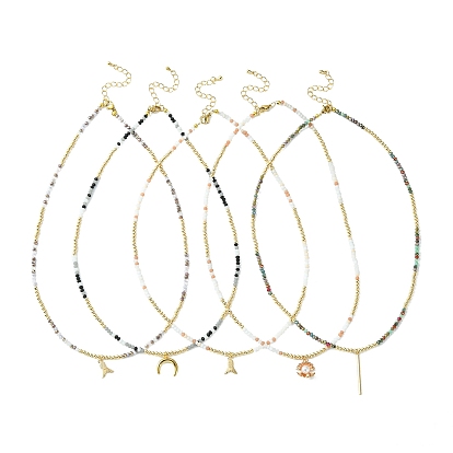 Pendant Necklaces, with Brass Beads, Glass Beads and 304 Stainless Steel Lobster Claw Clasps, Mixed Shapes, Golden