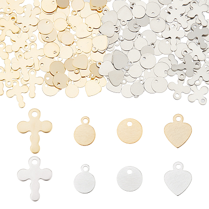 160PCS 4 Shapes 304 Stainless Steel Charms, Flat Round & Cross & Heart