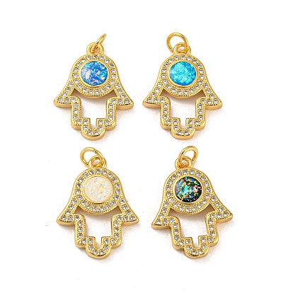 Colgantes de latón micro pavé de circonita cúbica con ópalo sintético, con anillos de salto, sin plomo y cadmio, real 18 k chapado en oro, hamsa mano