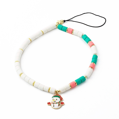 Handmade Polymer Clay Beaded Mobile Strap, for DIY Phone Case Decoration, with Brass Beads and Alloy Enamel Snowman Pendants, Braided Nylon Thread