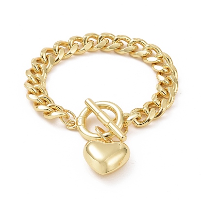 Rack Plating Brass Curb Chain Bracelets, Long-Lasting Plated, Cadmium Free & Lead Free, Heart Pendant Bracelet for Women